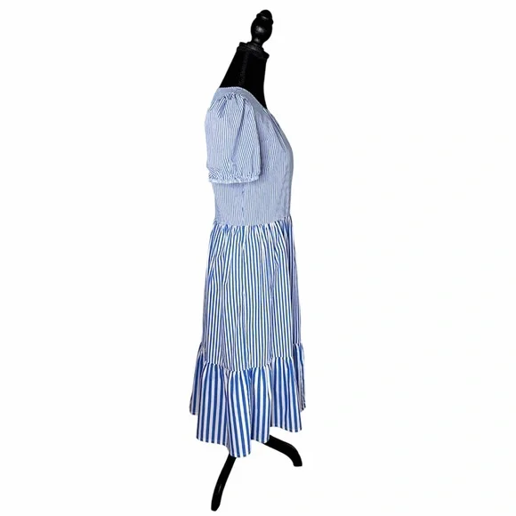 J. Crew Poplin Puff Sleeve Blue Striped Tiered Midi Ruffle Dress Size 4 GUC! - Picture 5 of 16